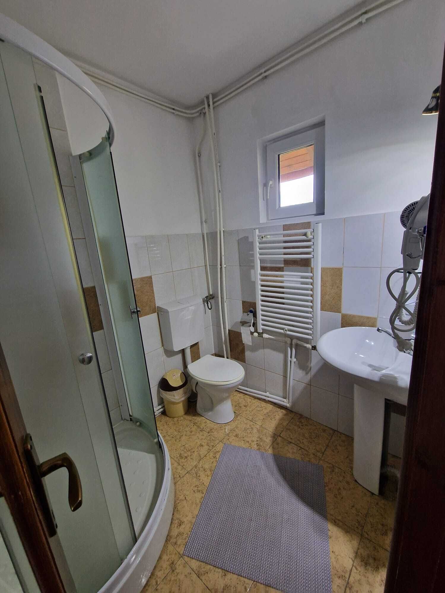 A bathroom with a glass-enclosed shower, a toilet, a sink, and a window.