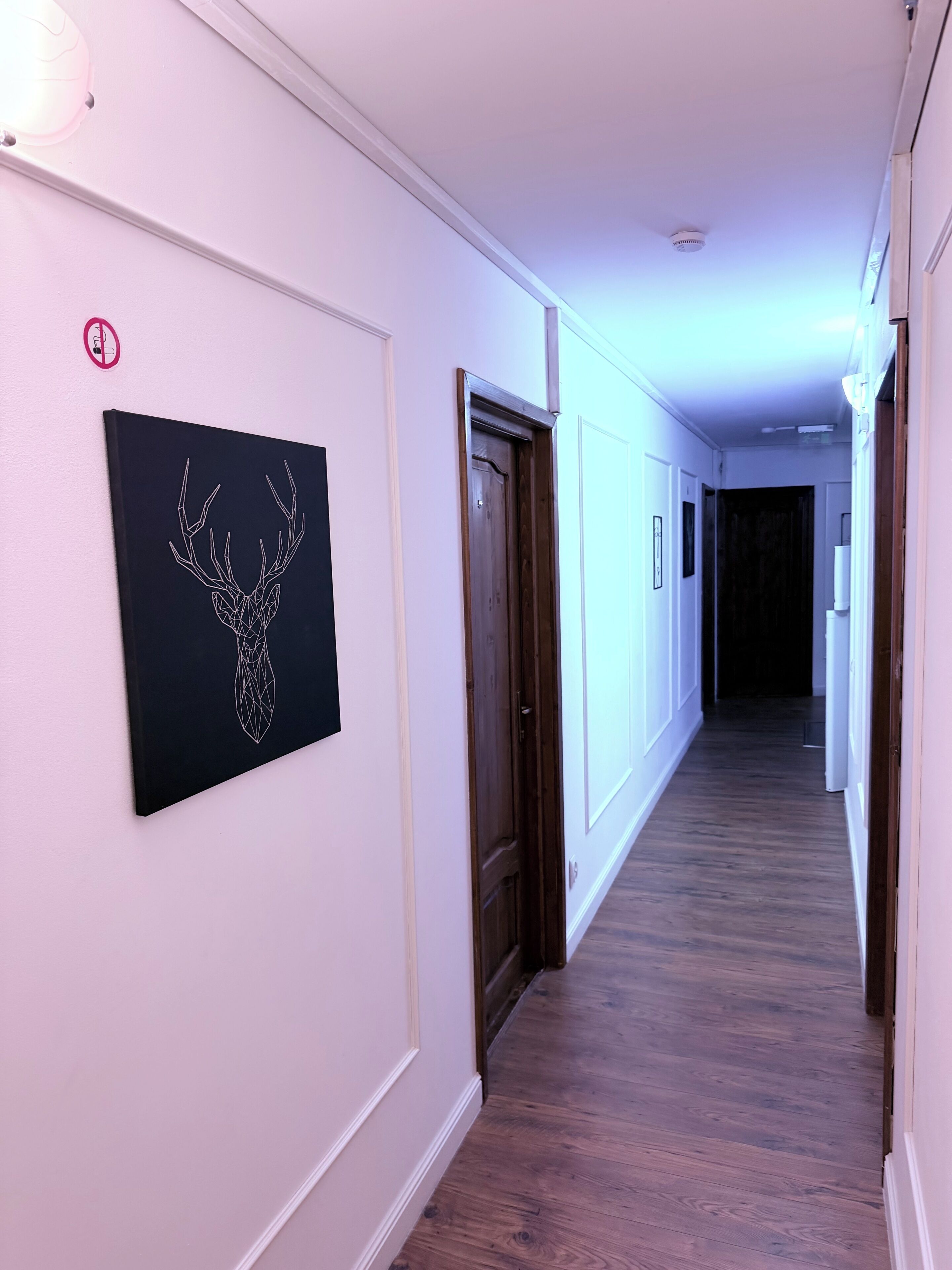 Corredor com arte decorativa de chifres de veado emoldurados na parede, portas de madeira e parede branca com detector de fumaça.