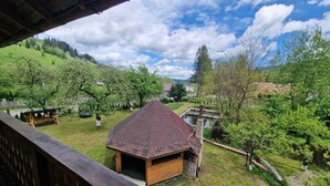 A wooden cabin with a tiled roof, surrounded by a grassy area with trees and a small pond. - Villa Ileana  (Ceahlău)