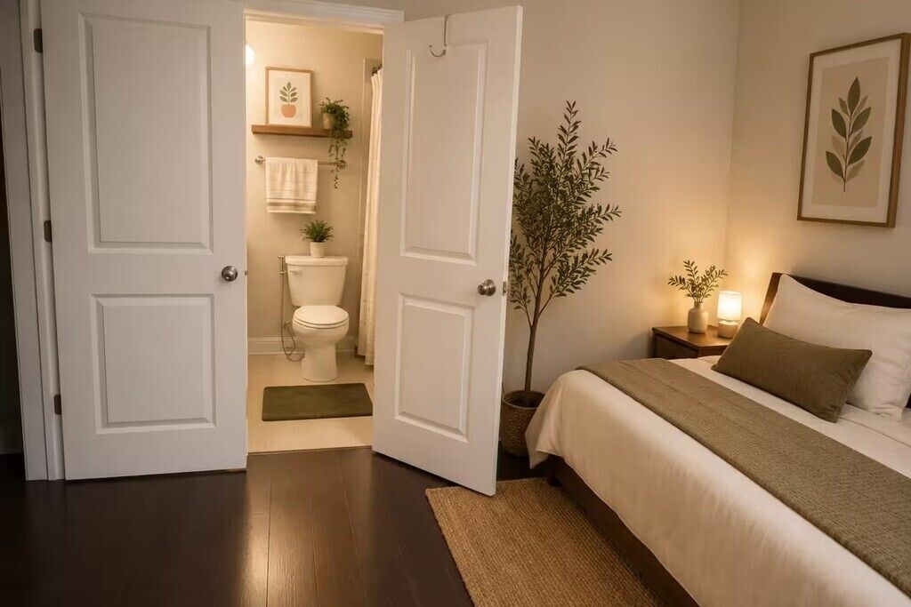 A bedroom with a bed, bedside table, lamp, and a view into the bathroom.