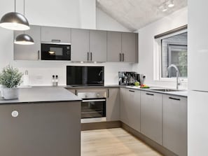 A modern kitchen with grey cabinets, a built-in microwave, a coffee maker, and a window. - 16 Person Holiday Home in Albaek (Aalbaek)