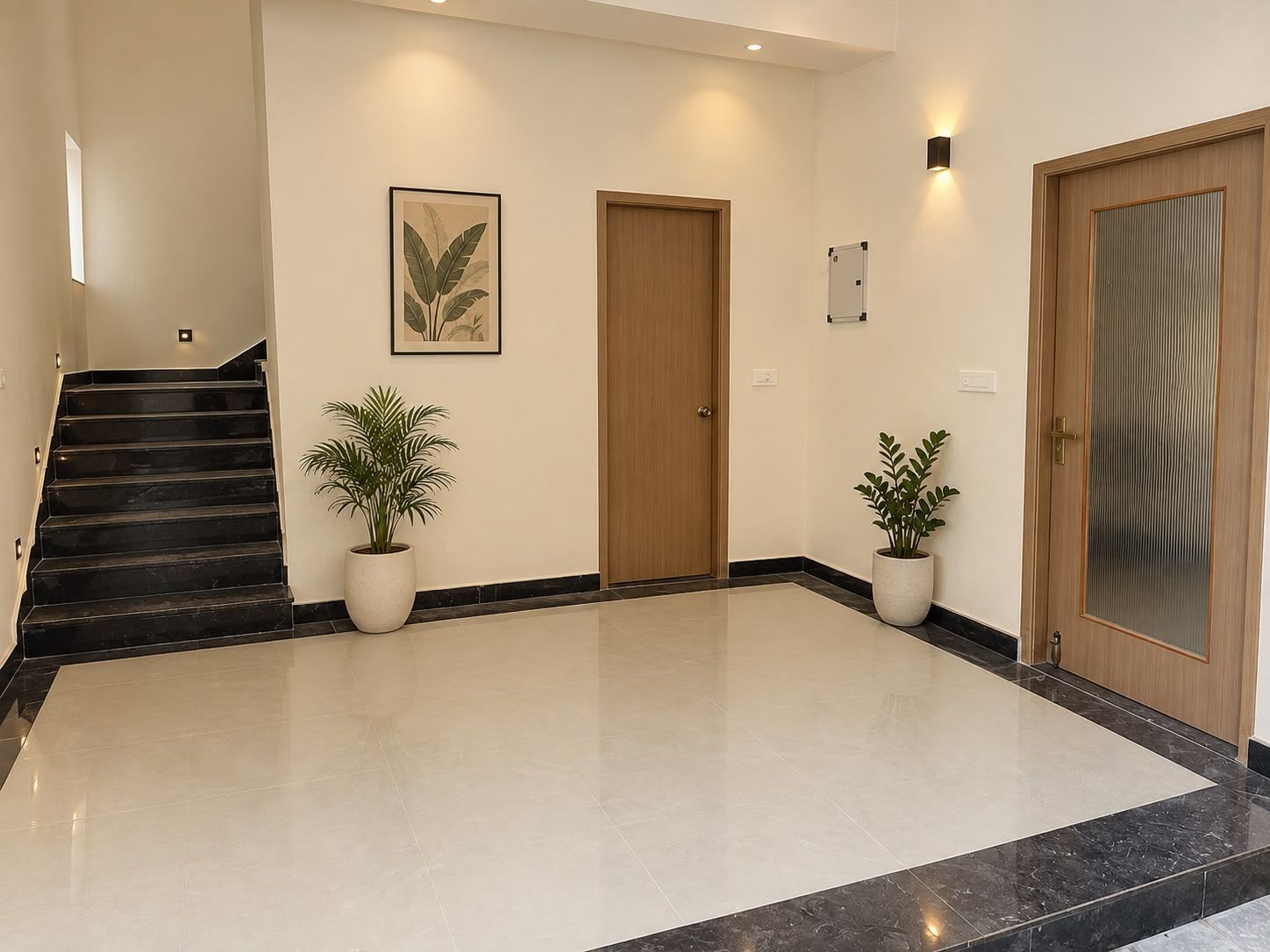A hotel lobby with a staircase, two doors, and potted plants.
