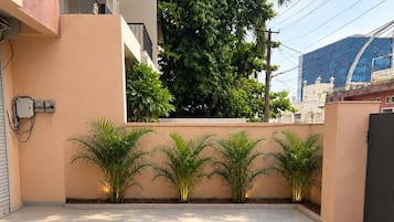 A rooftop terrace with a tiled floor, a black gate, and a row of palm plants.
