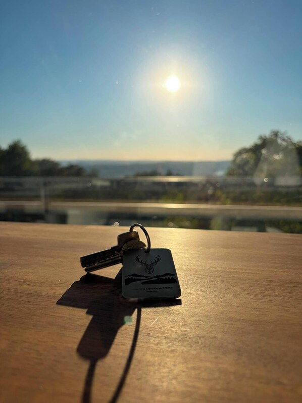 A keychain with a mountain and a deer head logo on a wooden surface with a clear sky and sun in the background. - Vrbo Property (Linz am Rhein)