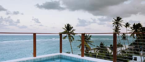 Une piscine avec vue sur l’océan et les palmiers.