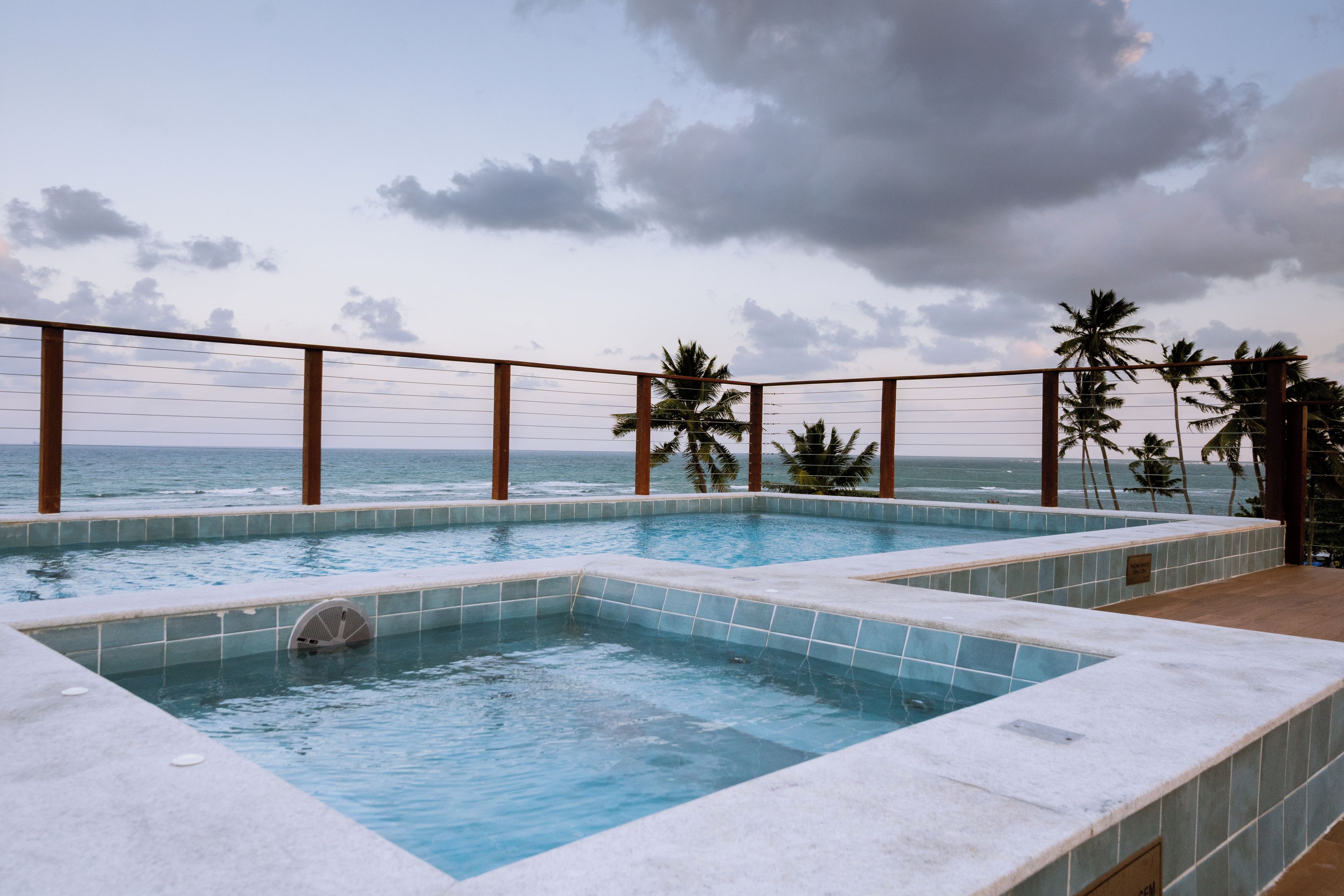 A pool with a view of the ocean, surrounded by palm trees and a cloudy sky.