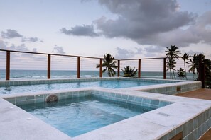 A pool with a view of the ocean, surrounded by palm trees and a cloudy sky.