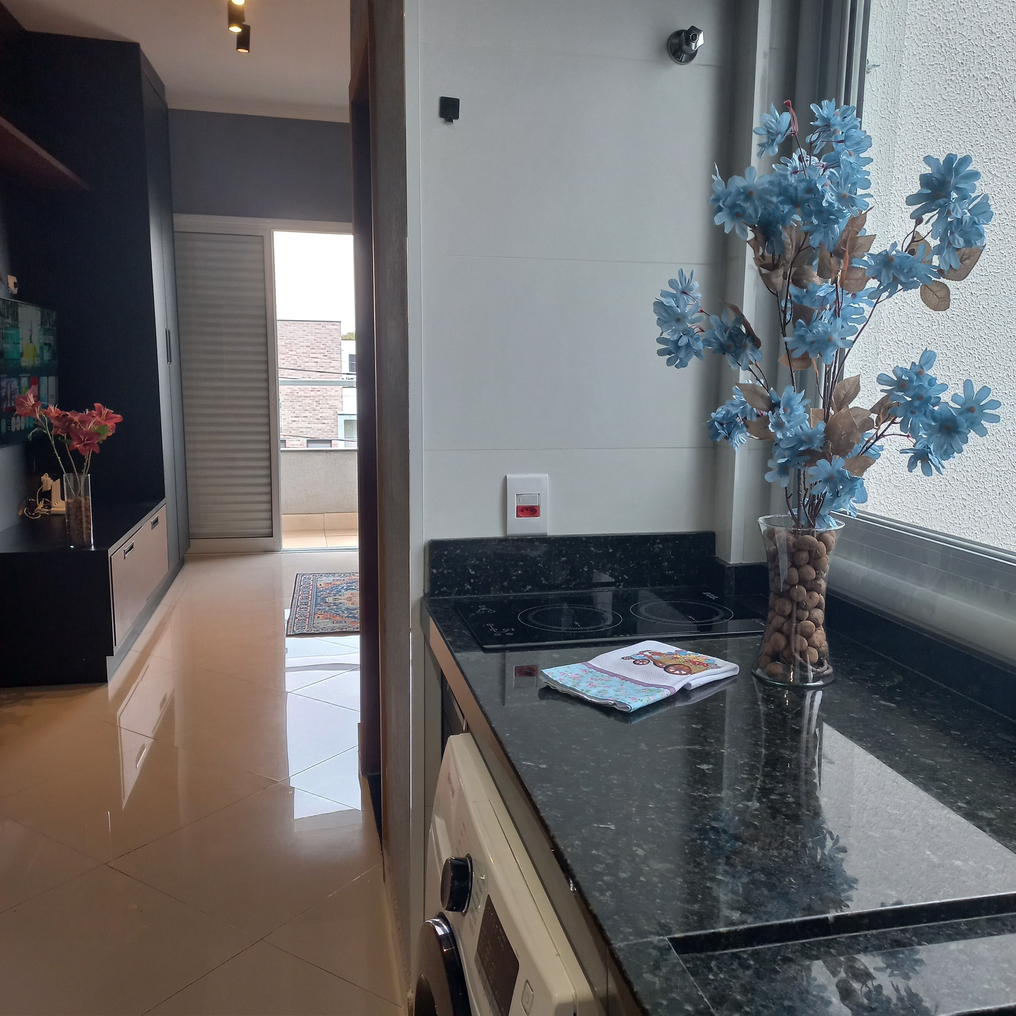 A modern kitchen with a black countertop, a vase with flowers, and a view of the outside.