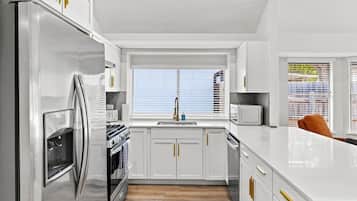 A modern kitchen with white cabinetry, stainless steel appliances, and a window with blinds.