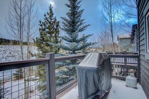 Ein Balkon mit Blick auf verschneite Landschaft und Bäume, ein überdachter Grill und ein Propangasbehälter.