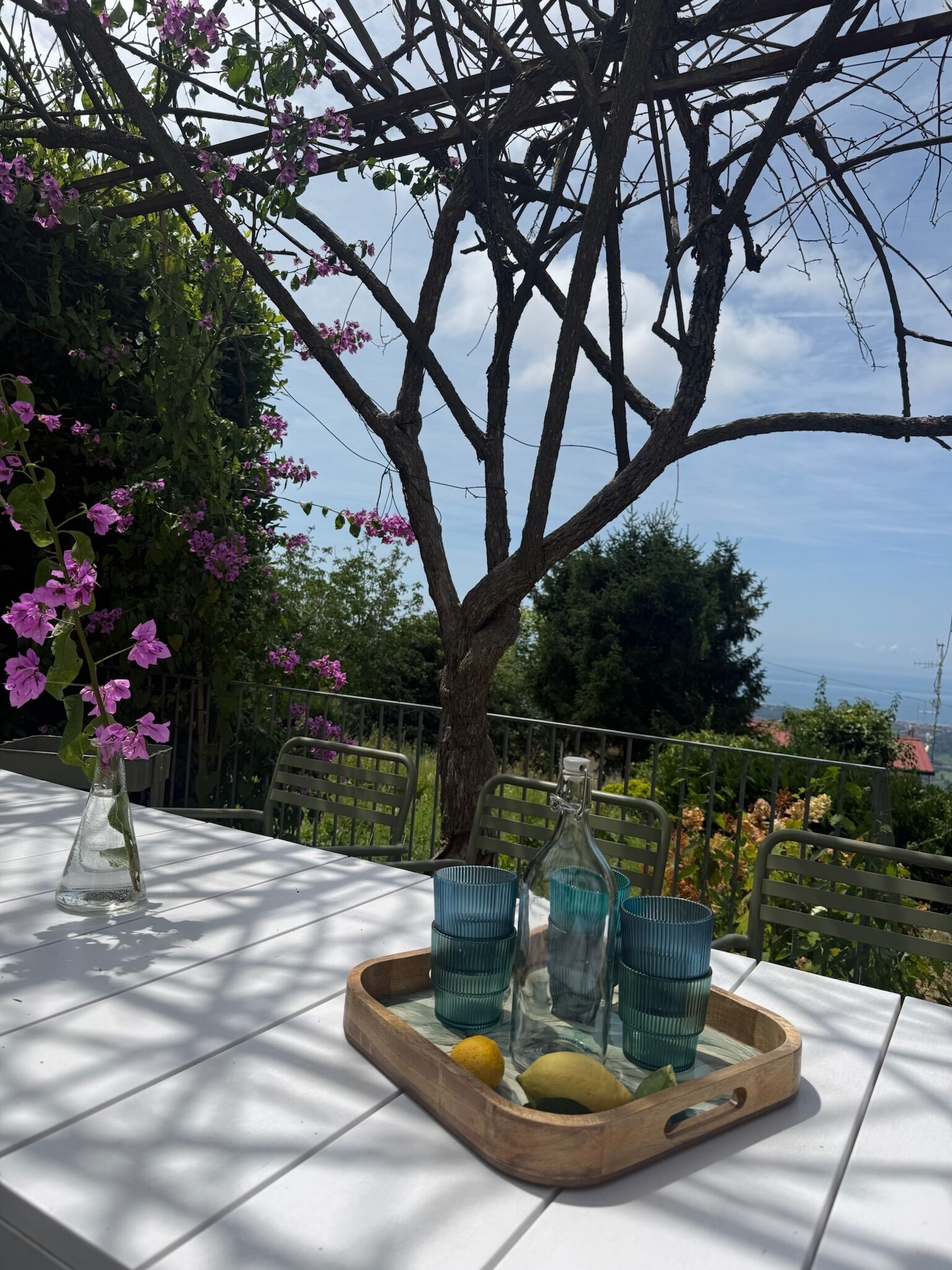 Een tafel met een fles, glazen en fruit op een schaal.