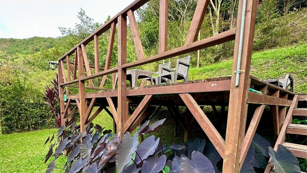Una estructura de puente de madera con asientos, rodeada de abundante vegetación y colinas al fondo.