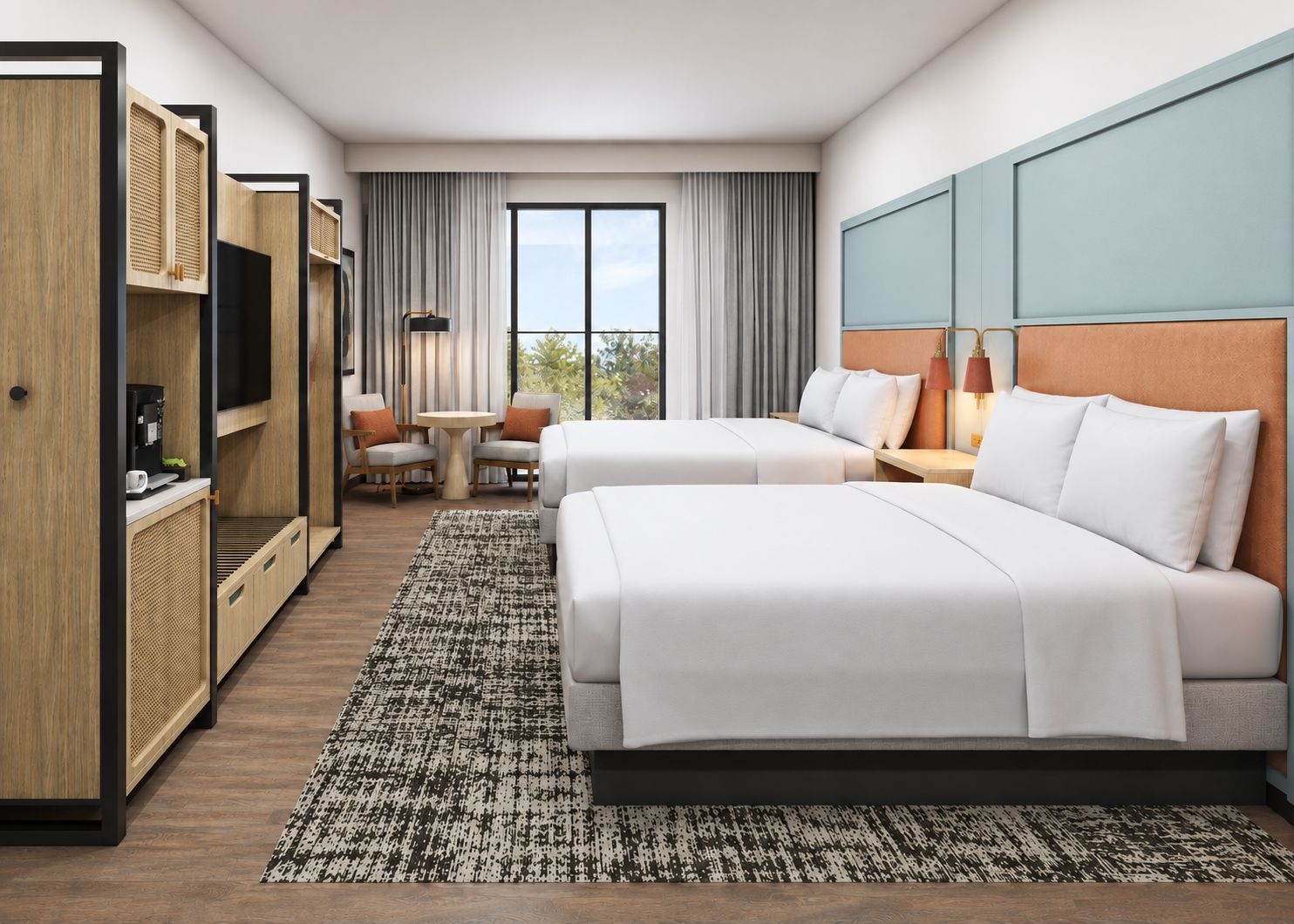 A hotel room with two beds, a desk, a chair, a TV, and a window with curtains.