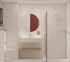 A modern bathroom with a glass-enclosed shower, a white sink with a mirror above it, and a wooden shelf. - Hampton By Hilton Eskisehir (Eskisehir)