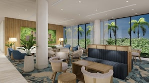 Um lobby moderno com área de estar, amplas janelas com vista para palmeiras e uma parede verde.