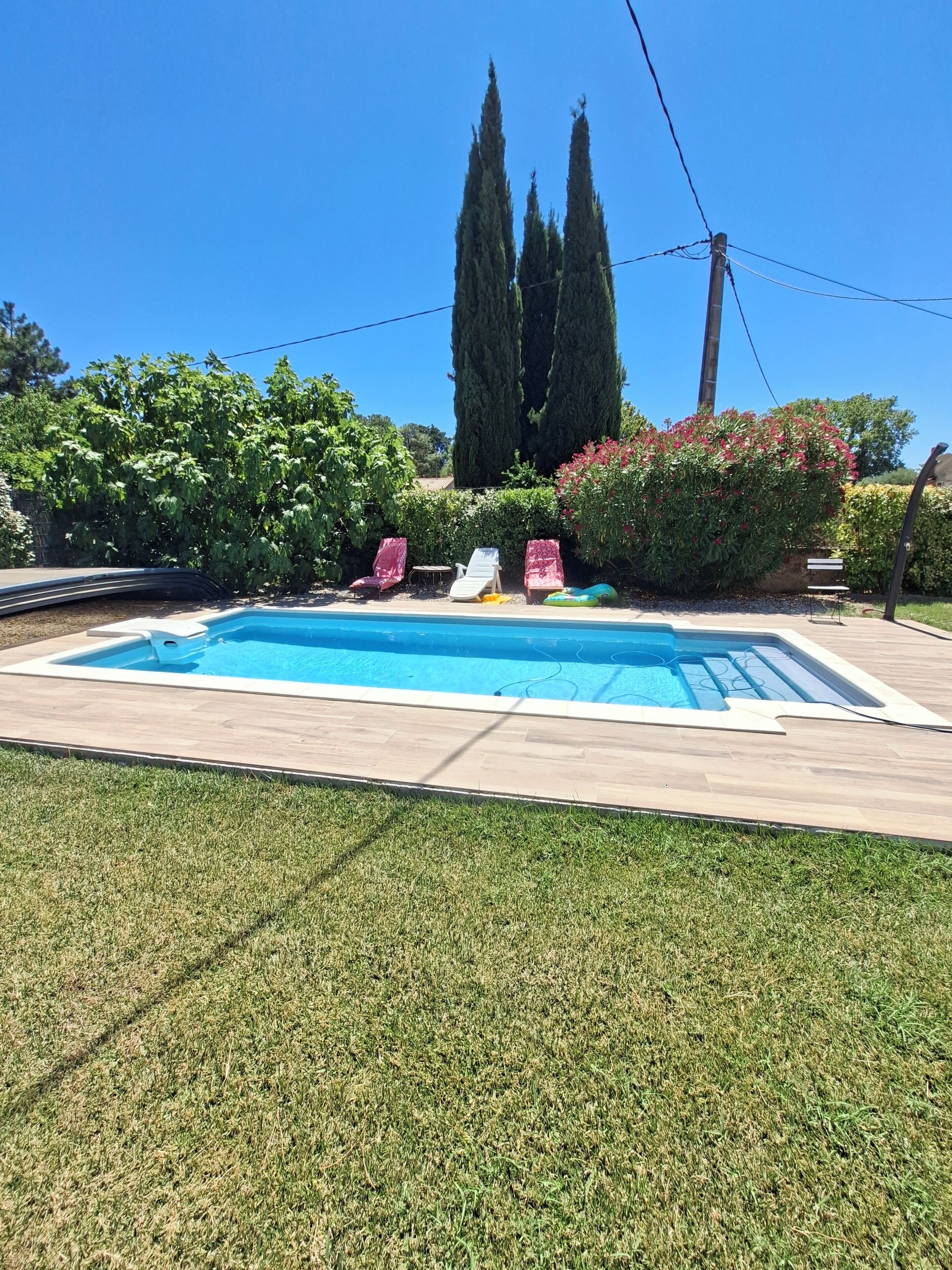 A swimming pool with a wooden deck, surrounded by grass and various plants.