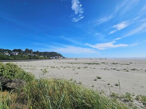 A beach with a clear sky, sandy shore, and houses in the background. - Sunkissed 3BR - Oceanview Pacific Beach Home (Pacific Beach)