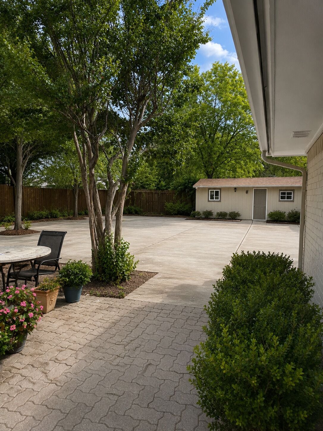 A backyard patio with a table and chairs, surrounded by potted plants and a small building.