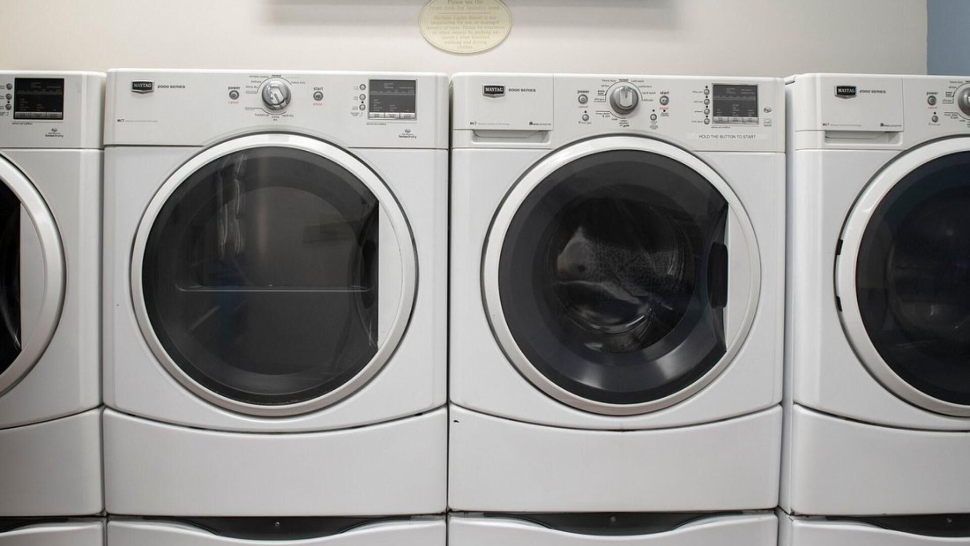 A row of identical front-loading washing machines in a commercial setting.