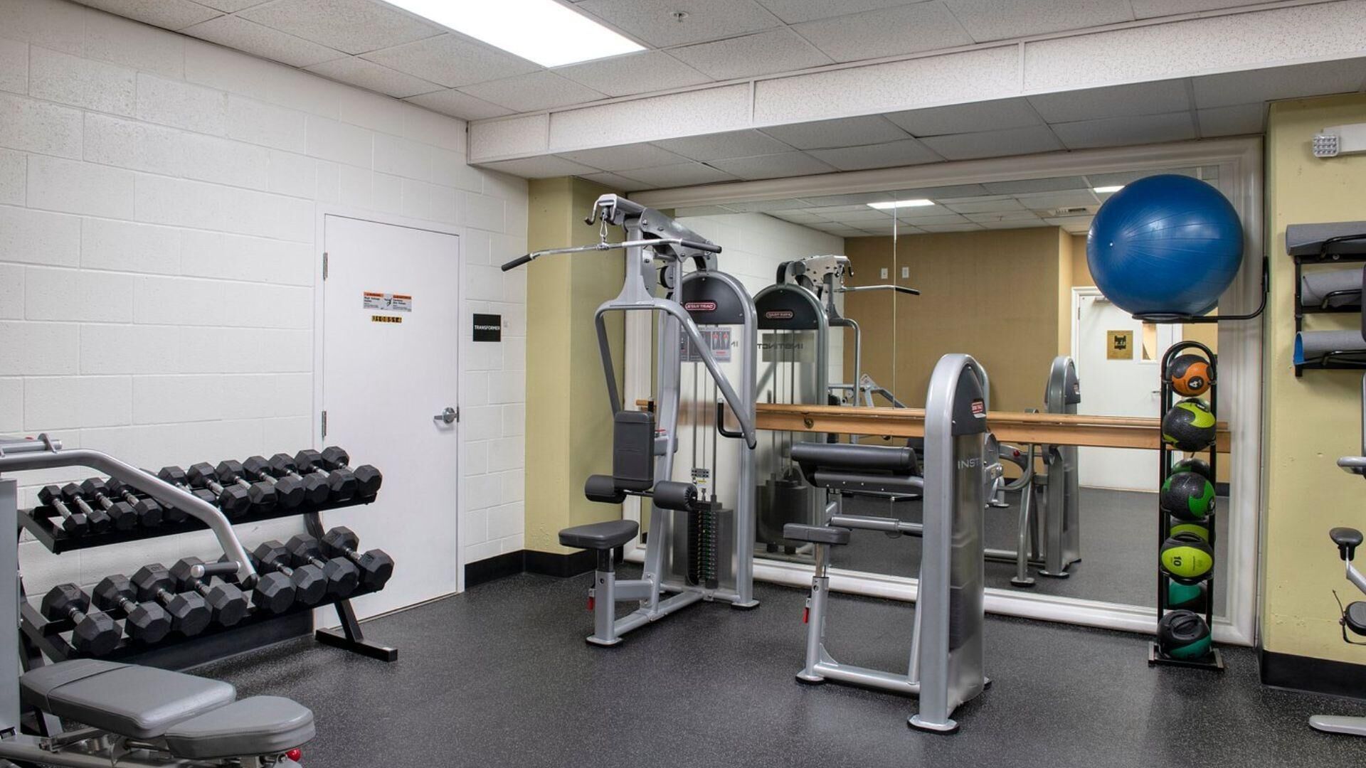 Une salle de sport équipée de matériel de musculation, d’un banc et d’un mur recouvert de miroirs.