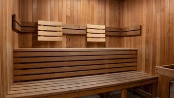 A wooden sauna bench with slatted backrests and a bench seat, set against a wooden wall.