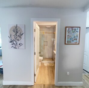 Un pasillo que conduce a un baño con ducha, inodoro y lavamanos. Hay un cuadro en la pared y una planta a la izquierda.