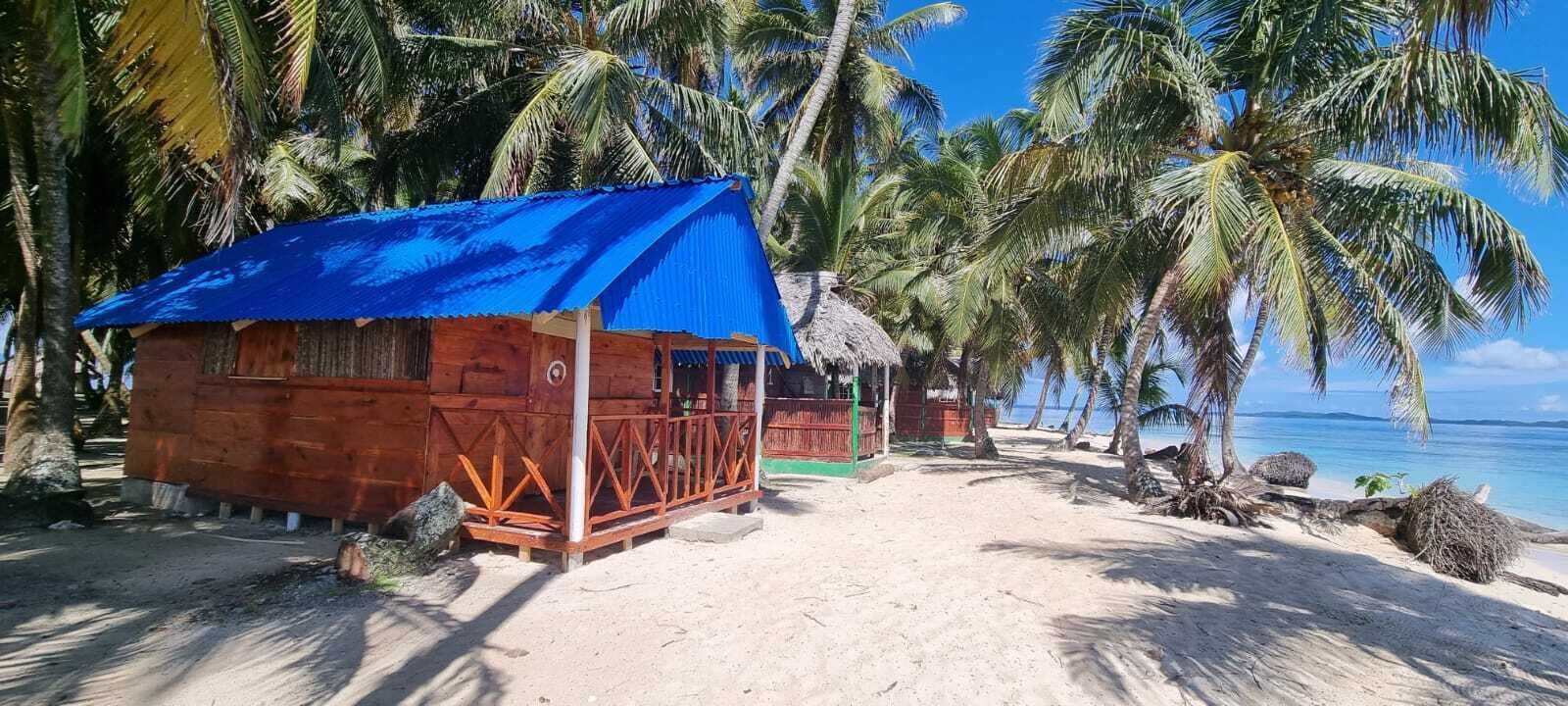 A wooden structure with a blue roof, surrounded by palm trees and a sandy beach.