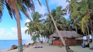 A beach with palm trees, a thatched-roof hut, and a sandy shore. - Beachfront Cabin on the San Blas Islands: Aroma (Guna Yala)