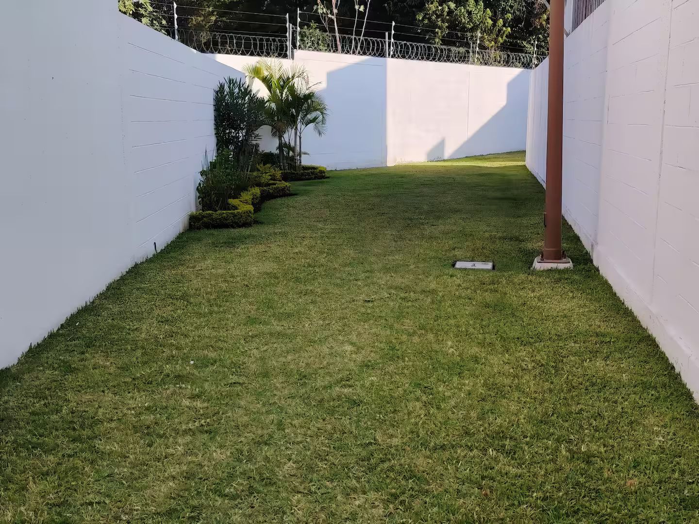 Piccolo spazio esterno recintato, con un muro bianco, un piccolo prato e un oggetto metallico a terra.