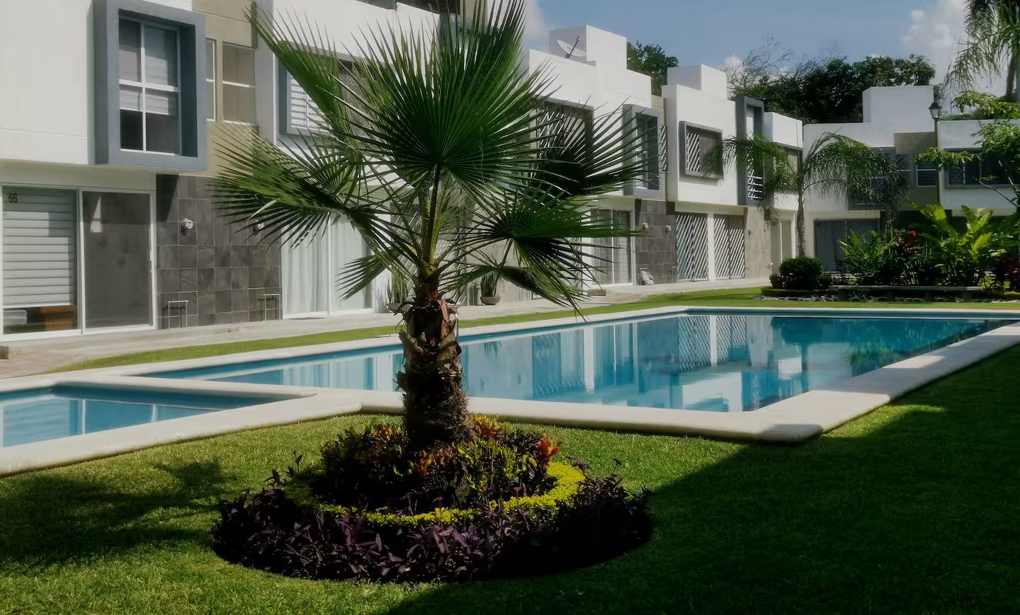 Un bâtiment moderne doté d’une piscine, entouré de pelouses bien entretenues et agrémenté d’un palmier.