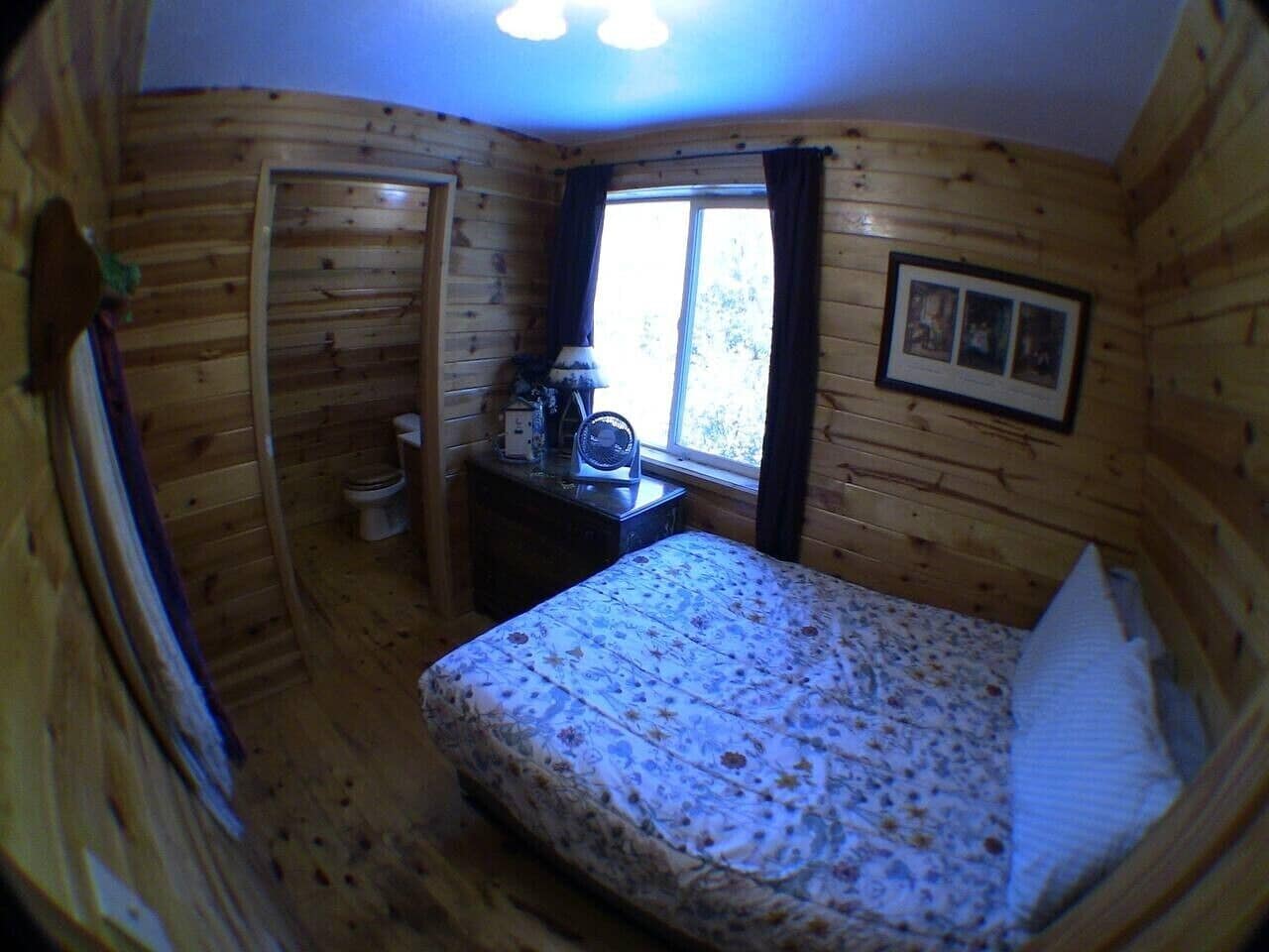 A small wooden room with a bed, a window, a fan, and a picture on the wall.