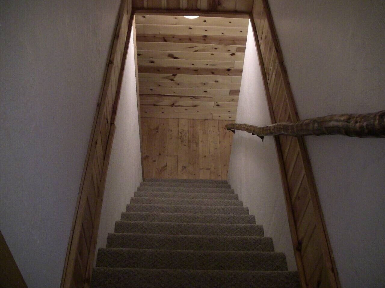 A staircase with wooden steps and walls, leading to a higher floor.