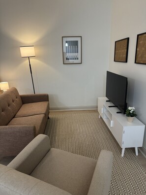 A living room with a sofa, a flat-screen TV, a floor lamp, and a patterned rug. - 103 Studio Apt, quiet, cozy, medium & Long Stays! (Indianapolis)