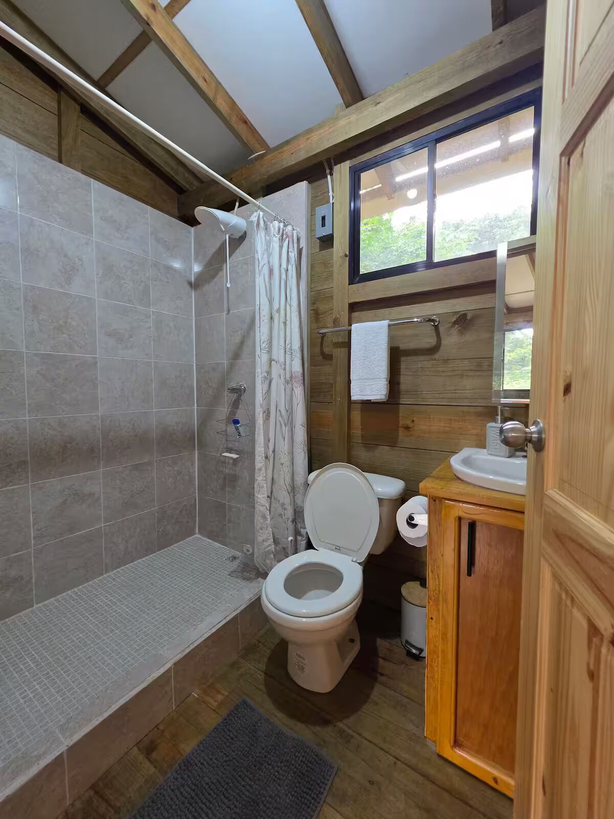 Shower, towels, soap, toilet paper
