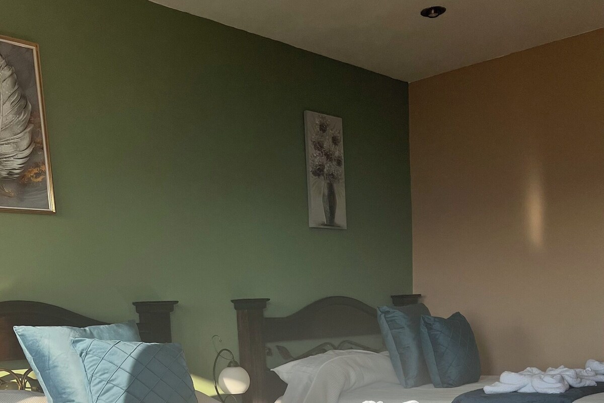 A hotel room with two beds, a green wall, and a painting.