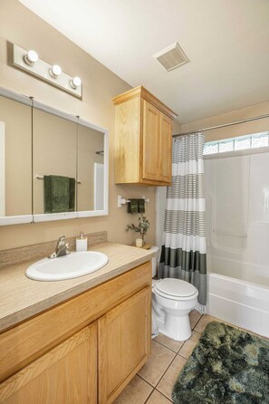 Une salle de bain avec un meuble-lavabo en bois, un évier, des toilettes, un rideau de douche et un miroir avec éclairage.