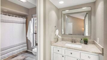 A bathroom with a shower, toilet, sink, and mirror.