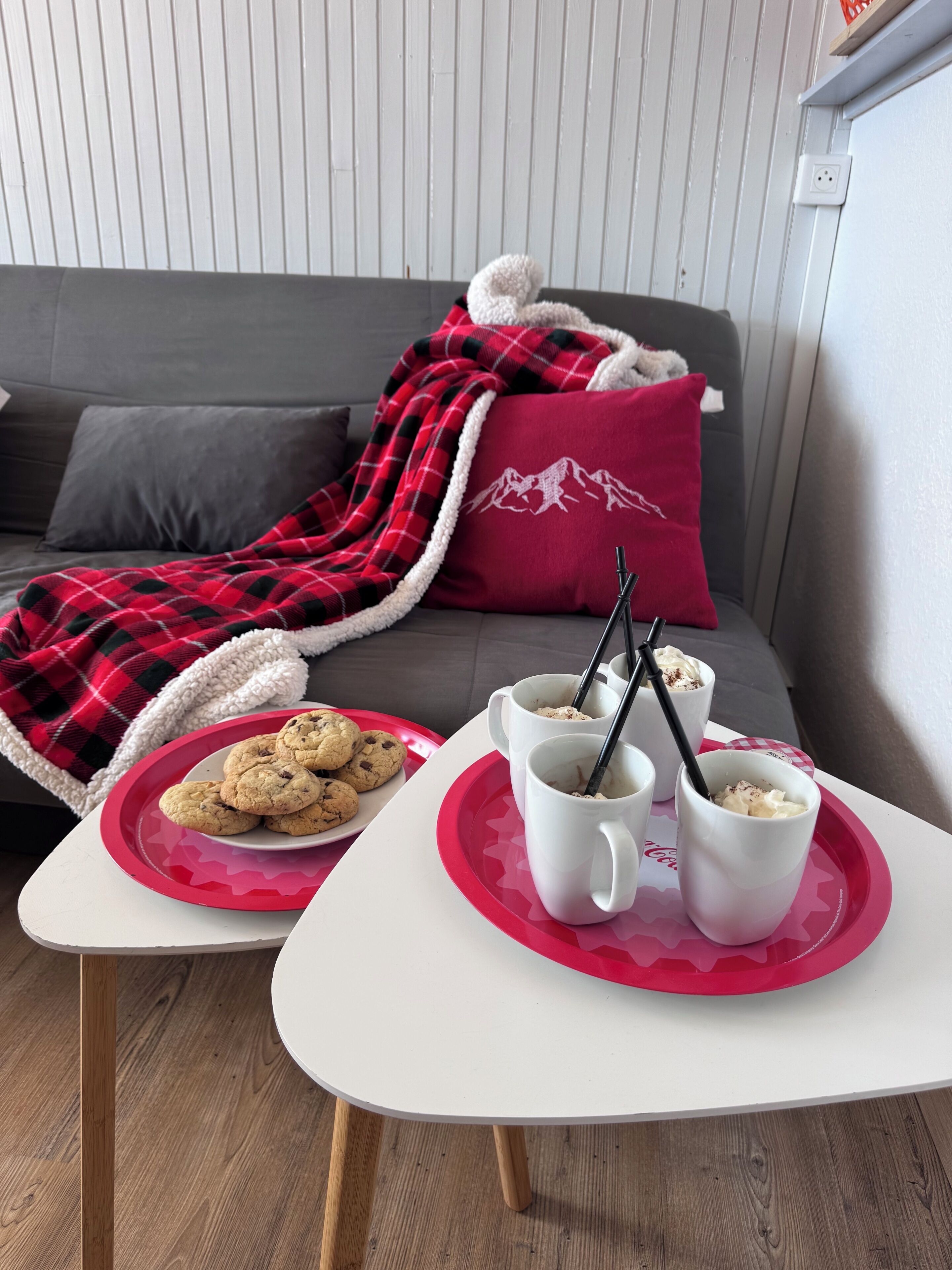 A cozy living area with a sofa, a red and black plaid blanket, a plate of cookies, and two mugs with spoons.