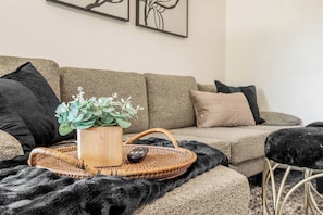 A living room with a sofa, a potted plant, a remote control, and a black furry throw. - Sunlit 4BR Modern Charmer with a Large Yard (Abilene)