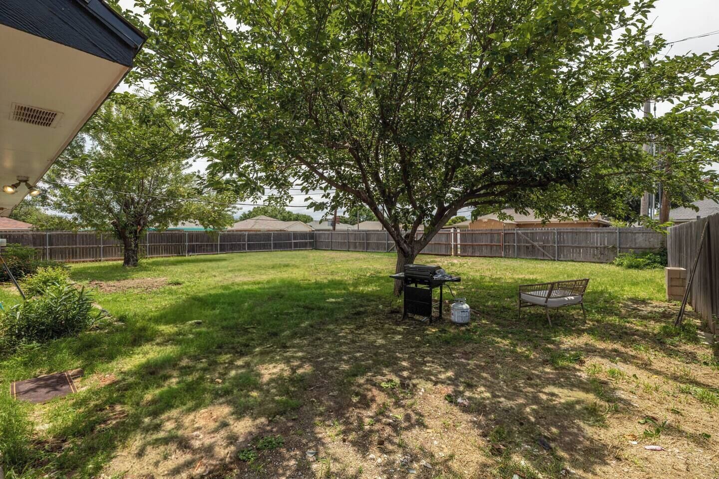 Un patio trasero con un árbol, una parrilla y un banco.