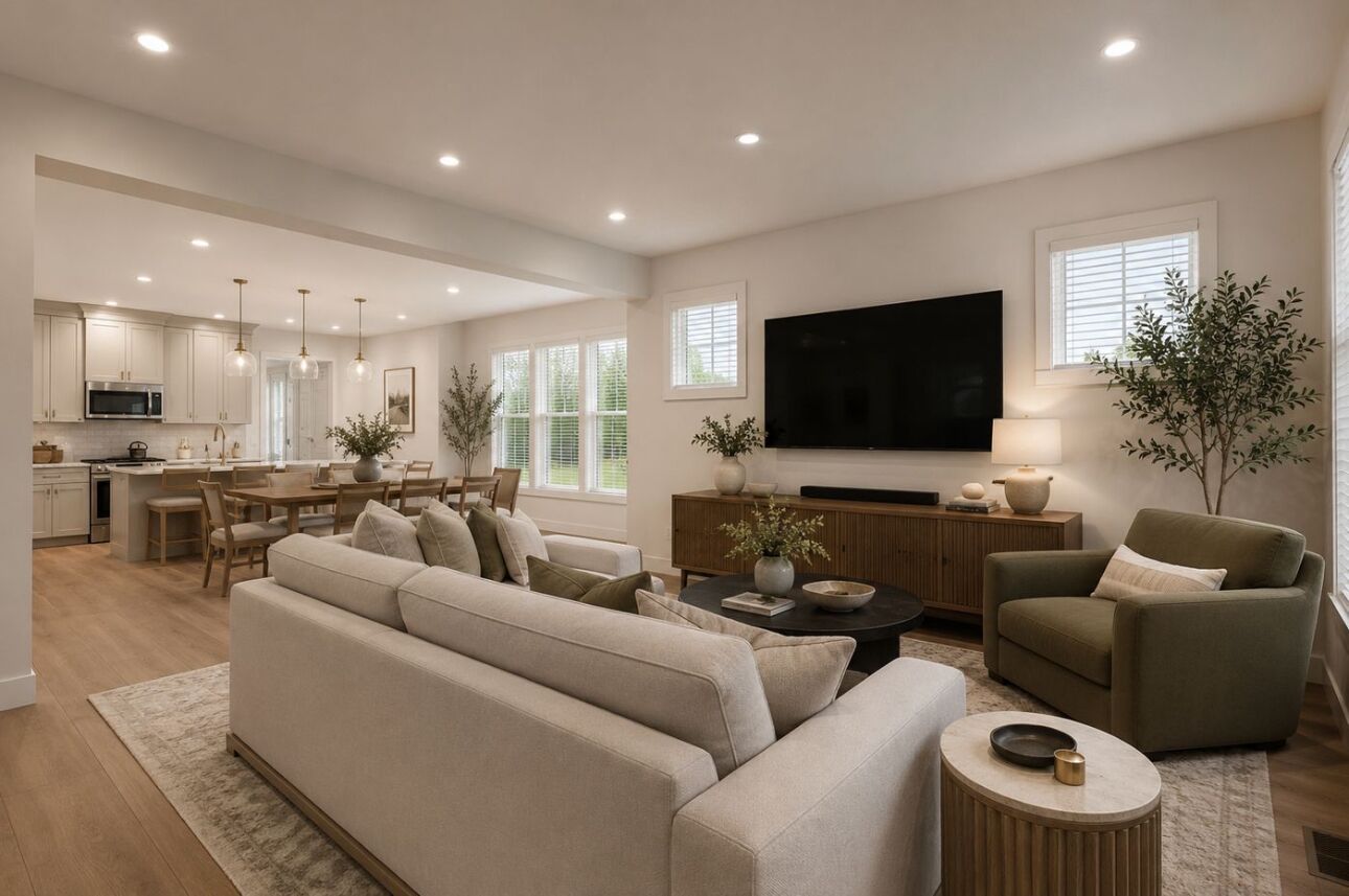 A modern living room with a sofa, armchairs, a coffee table, and a TV.
