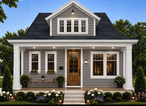 A two-story house with a front porch, a central door, and a small bench. - Corby Corner...Walk to ND 4 bed 3 bath under construction. Completion April 2027 (South Bend)
