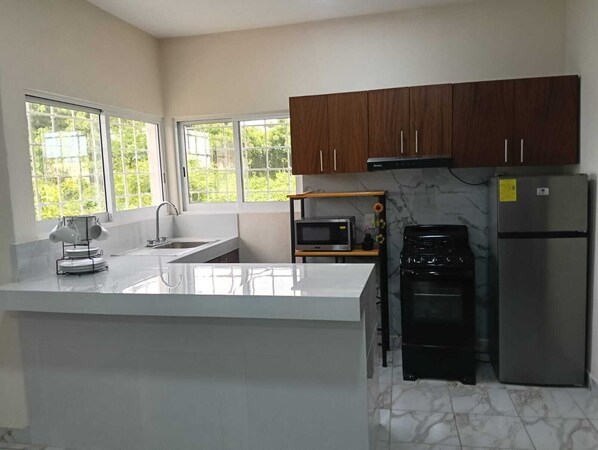 A modern kitchen with a central island, stainless steel appliances, and large windows.