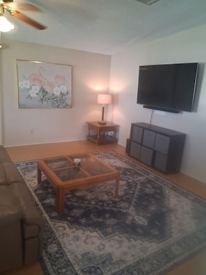 A living room with a sofa, a coffee table, a lamp, a TV, and a patterned rug. - 2 Bedrooms 2 bathroom  in Villages within 5 minutes of  Walmart,UF Hospital (Lady Lake)