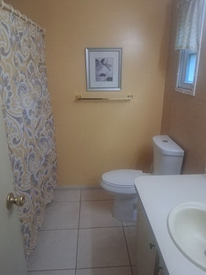 A bathroom with a toilet, a sink, a shower curtain, a towel rack, and a framed picture on the wall. - 2 Bedrooms 2 bathroom  in Villages within 5 minutes of  Walmart,UF Hospital (Lady Lake)