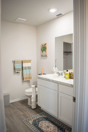 Een badkamer met toilet, wastafel, spiegel en een tapijt met dessin.