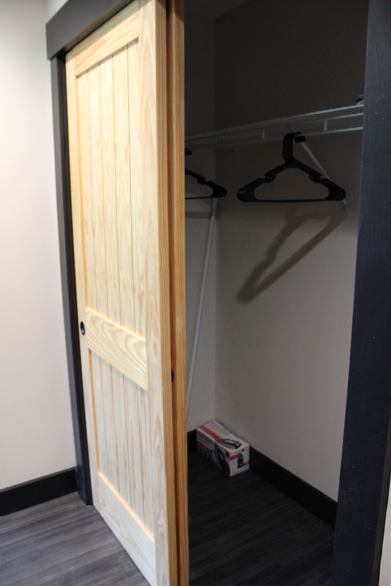 A walk-in closet with a wooden door, a hanging rod, and a box on the floor.