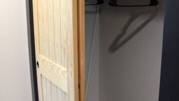 A walk-in closet with a wooden door, a hanging rod, and a box on the floor.