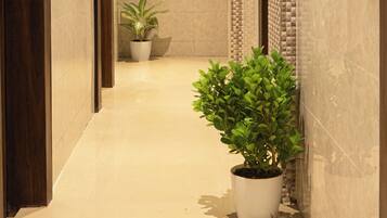 A hallway with a tiled floor, a wooden door on the left, and a potted plant on the right.