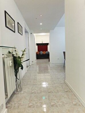 A hallway with a radiator, a potted plant, and a red curtain in the background. - Vanella Luxury Apartment Rome (Roma)